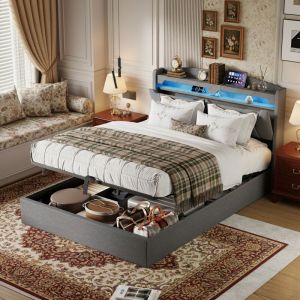 Lit coffre 140x190, lit 140x190 - lit double, sommier &agrave; lattes, avec &eacute;clairage LED int&eacute;gr&eacute; et port USB/C - t&ecirc;te de lit avec espace de rangement,