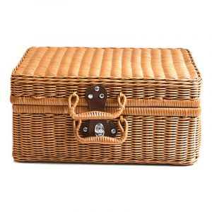 Coffre De Rangement en Imitation Rotin Tressé Petit Panier De Rangement en Osier Cuir Lisse Serrure pour Cosmétiques Stockage à domicile