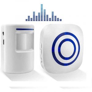 blanc Sonnette sans Fil Kit de Carillon de Porte Electrique avec 1 R&eacute;cepteur et 1 D&eacute;tecteur de Mouvement Capteur Alerte Visiteur Alarme de S&eacute;curit&eacute;