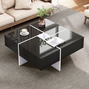 Table basse carrée noire brillante, table de salon avec 4 tiroirs robustes, noir et blanc,70x70x35 cm