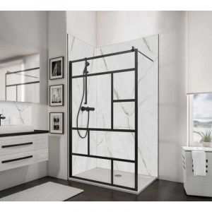 Paroi de douche à l'italienne, profilé noir à clipser, paroi fixe Walk In style industriel, NewStyle Atelier Schulte, verre 6 mm anticalcaire, 120 x