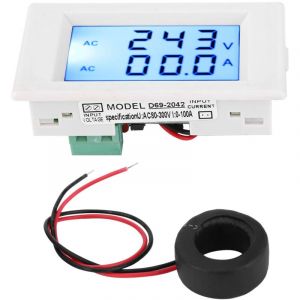 Voltm&egrave;tre-amp&egrave;rem&egrave;tre &agrave; double affichage D69-2042, 80-300 V CA, 0-50 A / 0-100 A, avec transformateur de courant, blanc