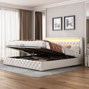 Modfu - Lit coffre, simili cuir, lit adulte, sans matelas, lit double avec led, sommier à lattes, blanc, 180x200cm