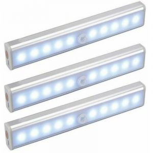Lot de 3 Lampes 10 LED, Sans Fil, Rechargeable par USB, Aimant&eacute;, D&eacute;tecteur de Mouvement, Portable. Lumi&egrave;re de Placard, Baladeuse de Secours,