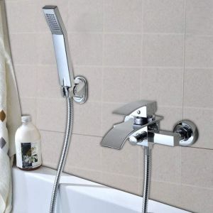 Mitigeur de Baignoire Cascade, Robinet Douche en Laiton Chrom&eacute;, Robinet de Baignoire avec douchette &agrave; Main et Bec Cascade, Mitigeur BainFix&eacute; au Mur