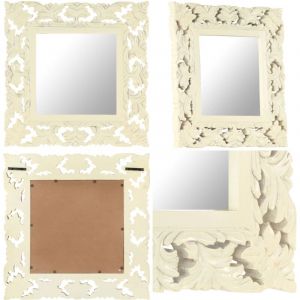 Miroir sculpt&eacute; &agrave; la main Blanc 50x50 cm Bois de manguier massif - Miroir D&eacute;coratif - Miroir Mural - Miroir Design - Miroir Bois - Miroir Scandinave