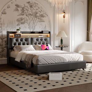 Lit adulte 180x200,lit coffre 180x200 avec sommier,lit capitonné,tête de lit rangement,dossier moelleux,LED réglable,Chargement usb, pu, ​​noir