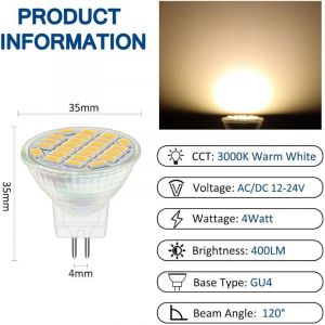 Ersandy MR11 GU4 12V LED 4W Blanc Chaud 3000K, 350LM, 120&deg; 35mm MR11 35W Halog&egrave;ne &Eacute;quivalent, AC DC 24V 12V Spot LED Encastrable GU4 pour Meuble