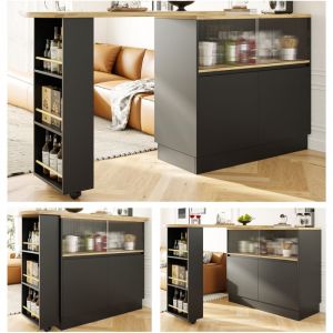 Okwish - Desserte de cusine, bar à cusine rotatif avec portes coulissantes étagères et verre, blanc, 90x45x100 cm