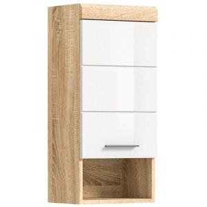 Demi-colonne de salle de bain LEWOTO – 1 porte et 1 niche – Blanc et chêne clair