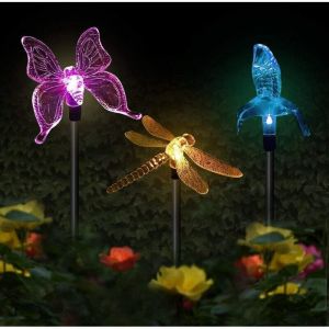 Lot de 3 lampes solaires de jardin en forme de papillon, colibri, libellule, led &agrave; &eacute;nergie solaire, multicolore - ZVD