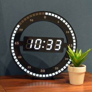 Horloge de table num&eacute;rique LED silencieuse - Horloge murale &eacute;lectronique noire - Horloge de bureau ronde - Pour chambre &agrave; coucher, salon et bureau