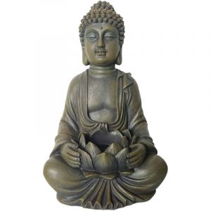 Relaxdays Statue de Bouddha assis 30 cm, jardin, fleur de lotus, d&eacute;co salon, r&eacute;sistante intemp&eacute;ries et gel, bronze