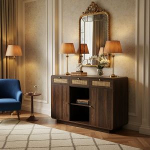 URBAN MEUBLE Buffet r&eacute;tro effet noyer 3 tiroirs en rotin tress&eacute;, 2 portes et compartiment ouvert 120x40x85cm