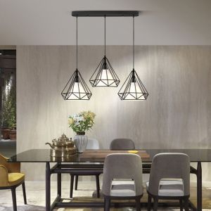 Lustre Suspension Cage Forme Diamant Contemporain Lampe Plafonnier Luminaire Lustre pour Cuisine Couloir Salle &agrave; manger Salon restaurant Noir