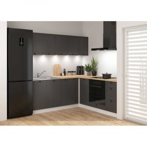 Cuisine d'angle compl&egrave;te 200x200 cm, Meubles de cuisine modulables coloris gris graphite/Blanc, plan de travail ch&ecirc;ne dor&eacute; inclus