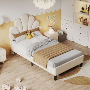Sunfecili - Lit enfant 90x200 cm,Lit fille,Lit capitonné,Tête de lit en forme de pétale,Tissu velours beige,Sommier à lattes inclus,Capacité 250 kg