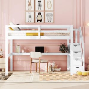 Lit mezzanine enfant 140x200cm - avec 4 meubles de rangement et table, sommier &agrave; lattes, lit adulte pour ado, style contemporain - blanc