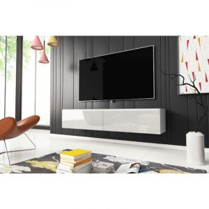 Bratex - Meuble tv Lowboard d 140 cm, meuble tv avec éclairage led, meuble tv suspendu, coloris blanc brillant