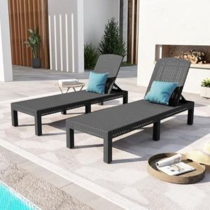 Bolli - Lot de 2 Bain de soleil - Chaise longue - Transat de soleil Résine imitation rotin tressé - Dossier réglable - Noir