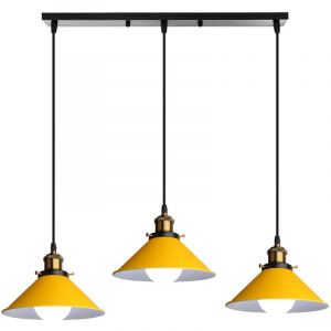 Suspension Luminaire Industrielle 3 Lumi&egrave;re Plafonniers Design Edison M&eacute;tal Lustre Suspension avec Support de Barre Rectangle, &Oslash; 22cm, Jaune