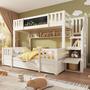 Lit superpos&eacute; 90/140x200 cm, lit enfant 2 places avec armoire-&eacute;chelle, tableau noir, tiroirs, bois + m&eacute;tal, blanc