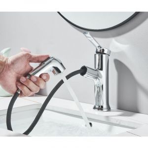 Mitigeur de lavabo avec Douchette Extractible, robinet Salle de Bains avec 2 Modes D'écoulement D'eau Douchette,Mitigeur Lavabo Monocommande acier