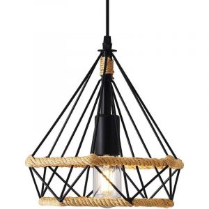 Lustre Suspension Industrielle 25cm en forme Diamant Corde de Chanvre Noir