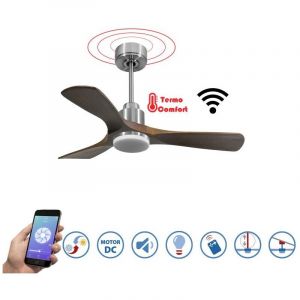 Tenerife - Super destratificateur et ventilateur DC 106 cm chrome avec lumi&egrave;re pales bois sombre id&eacute;al 10 &agrave; 20 m&sup2;