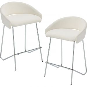 Wahson Tabouret de Bar Lot de 2 en Chenille, Tabouret Haut Cuisine avec Repose-Pied en M&eacute;tal Chaise Bar 65cm Chaise pour Ilot Central Cuisine, Blanc