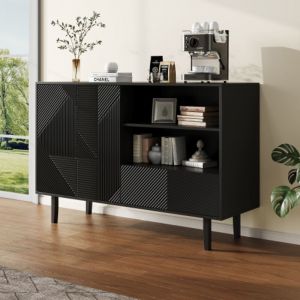 Urban Meuble - Buffet noir motif rainuré 2 portes ouvrantes et 1 tiroir 125x40x86cm