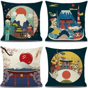 Housse de Coussin Japonais Fuji Ukiyo-e en Taie d'oreiller Canapé Voiture Maison Lit Décor 45 x 45cm, Ensemble de 4 pièces (Style Japonais b), Taie