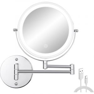 Miroir de maquillage mural avec lumi&egrave;res, 20,3 cm double face 1x/10x, miroir de rasage grossissant pour salle de bain avec 3 lumi&egrave;res de couleur,