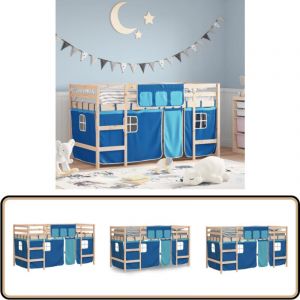 Lit mezzanine enfants avec rideaux sans matelas bleu 90x190 cm - Lit Mezzanine Enfant - Lit Plateforme Enfant - Lit Design Enfant - Lit Cabane Enfant