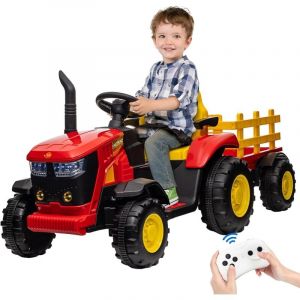 Tracteur Electrique Enfant avec Remorque, Batterie 12V, Roue Motrice Arriere et Phare a led et Musique, Ceinture de Securite et Telecommande, pour