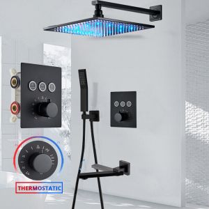 LED Colonne de Douche Encastr&eacute; thermostatique Noir avec T&ecirc;te de Douche Carr&eacute;e 16"- Douchette - Mitigeur de Baignoire &agrave; Cascade Set de Douche pour
