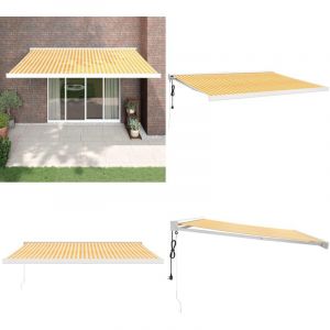 Auvent rétractable jaune et blanc 4x3 m tissu et aluminium - Store Véranda - Abri Solaire - Pergola Murale - Parasol Extensible - Protection Solaire