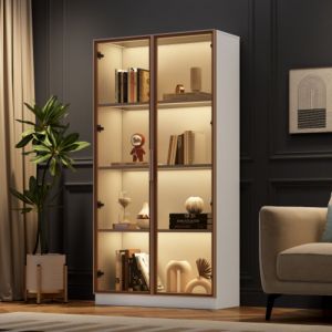 Vitrine blanche en verre, armoire haute avec &eacute;clairage LED et &eacute;tag&egrave;res mobiles, pour salon, cusine et salle de bain, 80x40x160 cm