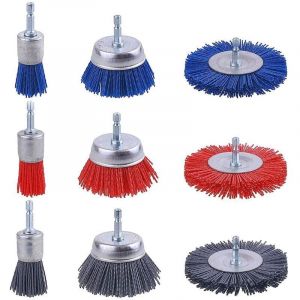 Lot de 9 Brosses Abrasives en Fil de Nylon, Brosse Nylon Perceuse avec Tige Hexagonale 1/4 Pouce, Outils Abrasifs Poncage Bois, Brosse Perceuse pour