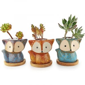 Ersandy - 10CM Petit Cache Pots pour Cactus avec Plateau Bambou Lot de 3, Mignon Renard Cactus Pot de Succulente Ronde Planteur de Céramique
