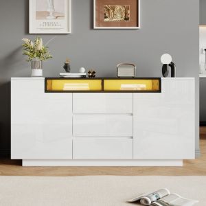Buffet et enfilade - 2 portes avec &eacute;clairage LED - Blanc et noir - 140x40x68 cm - 3 tiroirs - Cloisons r&eacute;glables