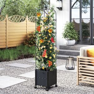 Jardinière Surélevée à roulettes Verrouillables avec Bac à Planter et Treillis, Lit de Jardin Hauteur Réglable Système Auto-Arrosant, pour Légumes