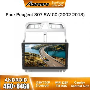 AWESAFE Autoradio Android 13 pour Peugeot 307 307CC 307SW (2002-2013) 4Go+64Go 9'' &Eacute;cran Tactile Carplay Android Auto GPS WiFi