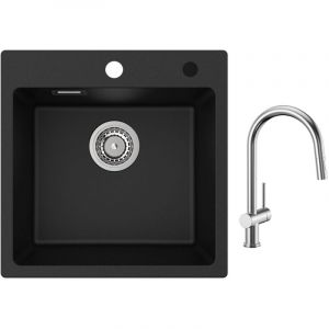 Cecipa Evier 1 Bac en Quartz et R&eacute;sine 45x45cm Evier de Cuisine Evier &agrave; Encastrer 1 cuve + Mitigeur de Cuisine avec Douchette Extractible Bross&eacute;