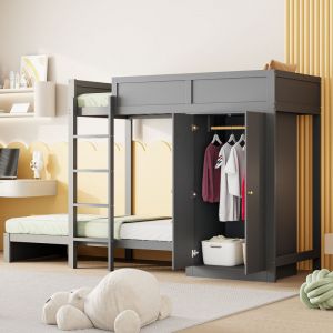 Lit superposé 90x200 cm lit enfant 2 places avec échelle vertical, armoire, clôture haute et sommier à lattes, en pin + métal, gris, sans matelas