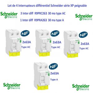 Lot de 4 Interrupteurs diff&eacute;rentiel xp 3 ( 2P 63A 30ma type ac ) - 1 ( 2P 63A 30ma type a ) Schneider