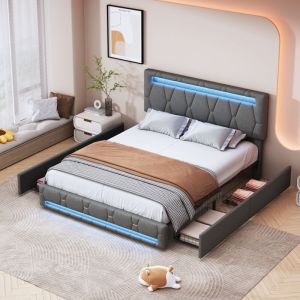 Lit double 140x190 cm, avec quatre tiroirs de rangement, avec bandeau lumineux LED contr&ocirc;lable, sommier &agrave; lattes, structure en m&eacute;tal, lin, adapt&eacute; aux
