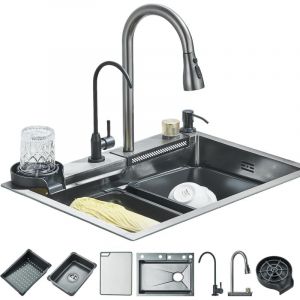 Évier de Cuisine Cascade Multifonction Acier inoxydable Évier Simple avec Robinet Extensible Grand Cuve 1 Bac avec Machine à laver les tasses Planche