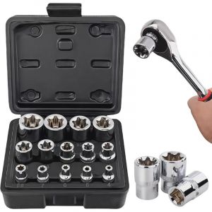 APEX Lot de 14 douilles E Torx,ext&eacute;rieures 1/2", 1/4", 3/8", douilles Torx E E4-E24 en CR-V, extracteur de vis etc.