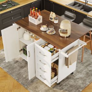 Desserte de cuisine, Buffet de cuisine, avec porte-serviettes et porte-&eacute;pices, &Eacute;tag&egrave;res r&eacute;glables, Plateau pliable, mdf, blanc